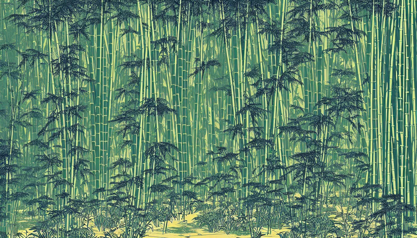 Prompt: bamboo grove with large ferns by woodblock print, nicolas delort, moebius, victo ngai, josan gonzalez, kilian eng