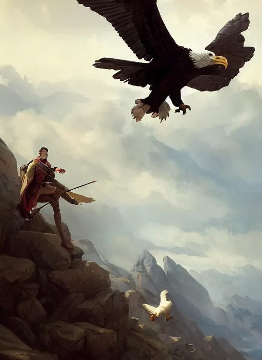 Prompt: epic action portrait of george washington soaring on backs of a giant bald eagle by greg rutkowski, fantasy