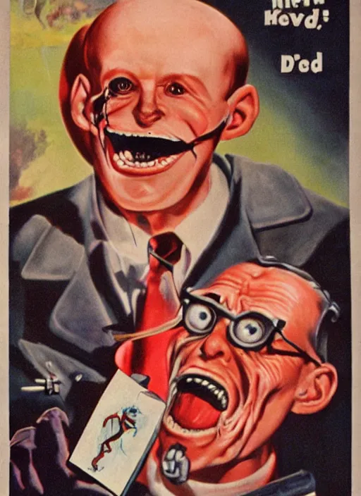 Image similar to creepy Dr. Kleiner from Half Life with a scary comically large smile, 1940s scare tactic propaganda art