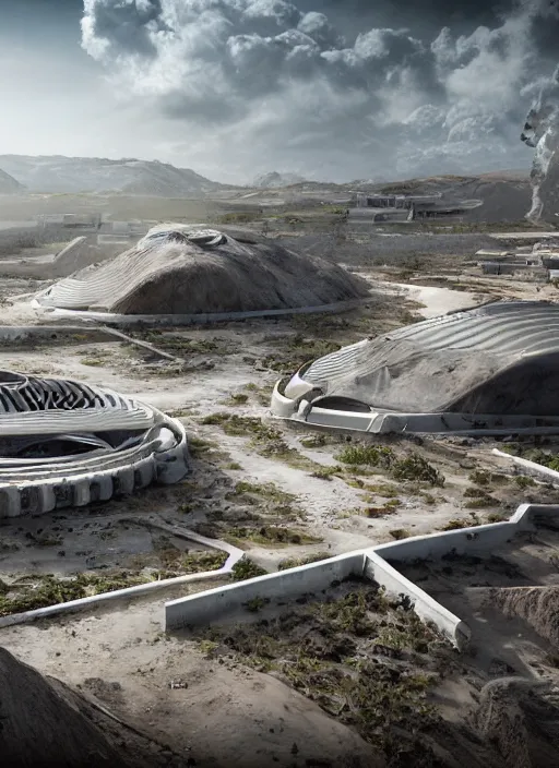 Image similar to bioremediation white mining tailing futuristic horizontal architecture in chuquicamata, epic, cinematic, hyperealistic, high detailed, corona render, hdr, ray tracing