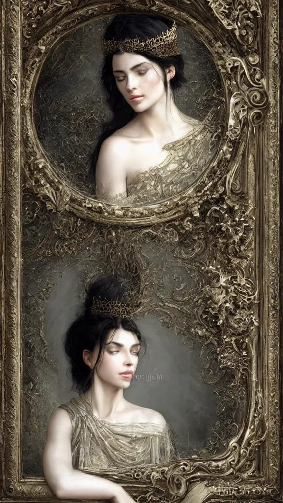 Image similar to secret view from behind wide mirror of a beautiful black haired woman with pale skin and a crown on her head sitted on an intricate metal throne, very deep stillness atmosphere, silence, dimension of still moment, spiritual feeling, digital art, by daniel ridgway knight