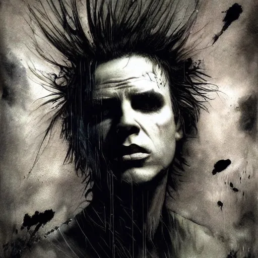 Image similar to stunning portrait of gaunt billy idol a ( the cure fan ) as dream from sandman, dim stars as eyes, by jeremy mann, by cedric peyravernay, by by russ mills, by richard avedon and ben templesmith, dramatic lightning, sadness, dark eye sockets, in the shadows, punk rock, gothic, high detailed, 8 k