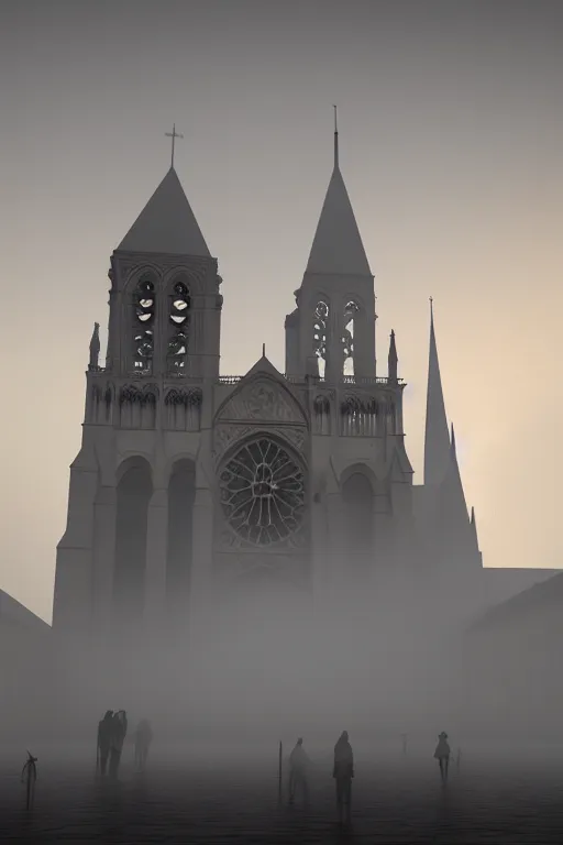 Image similar to misty artistic rendering Cathedral of Notre Dame, ash in the air, silent hill style, 8k resolution, octane render, volumetric lighting popular on artstation, popular on deviantart,