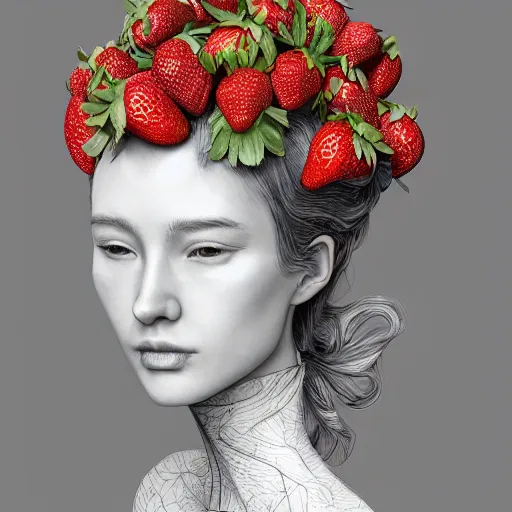 Image similar to the portrait of an absurdly beautiful, graceful, elegant, sophisticated, fashionable woman made of strawberries and white petals looking down, an ultrafine hyperdetailed illustration by kim jung gi, irakli nadar, intricate linework, bright colors, octopath traveler, final fantasy, unreal engine 5 highly rendered, global illumination, radiant light, detailed and intricate environment