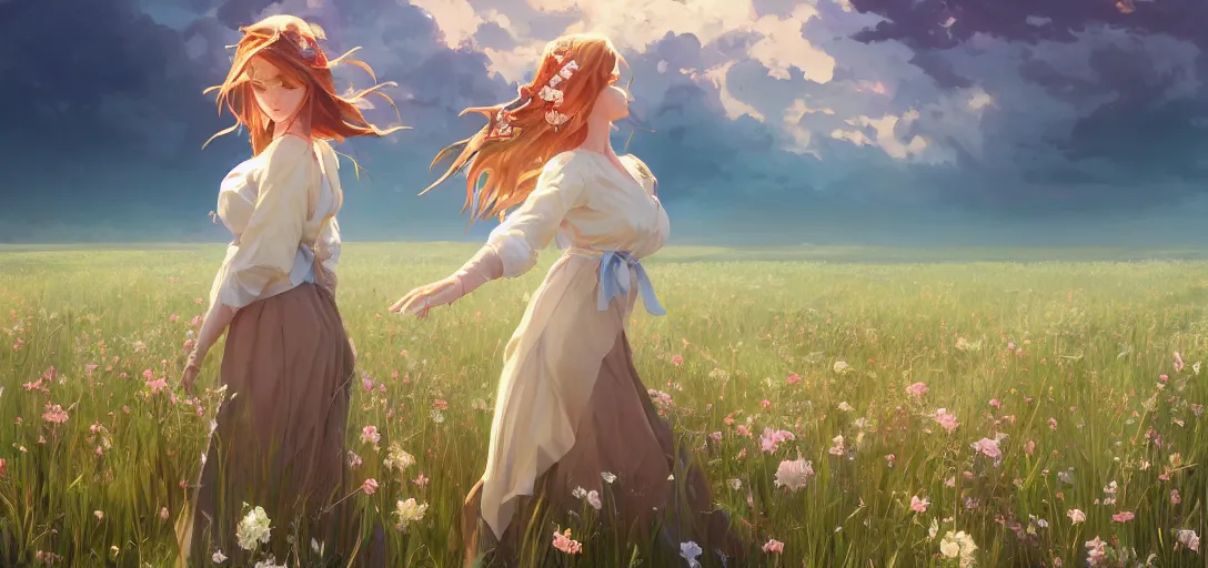 Image similar to a beautiful southern woman named Savannah, innocent, somber turquoise eyes, freckles, long ginger hair tied with white ribbon, relaxed in a field of flowers on a farm, gentle lighting, storm in the distance, western clothing, dress, digital art by Makoto Shinkai ilya kuvshinov and Wojtek Fus, digital art, concept art,