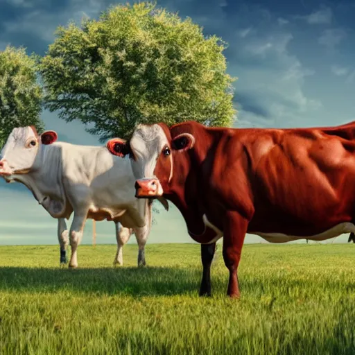 Image similar to a beautiful farm with highly evolved cyborg cows, 4 k
