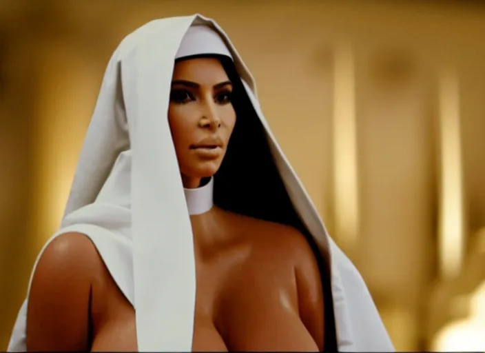Image similar to a film still of kim kardashian as a nun with her bust slightly exposed. backround : church interior