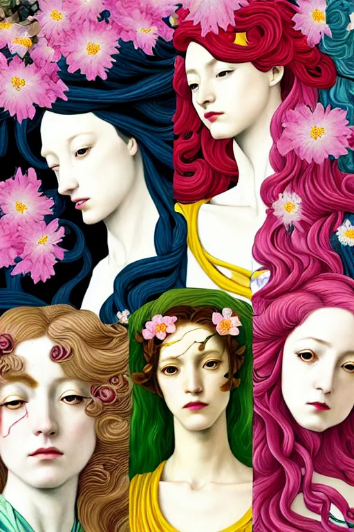 Image similar to 3 Spring Muses symbolically representing March, April, and May, in a style blending Æon Flux, Peter Chung, Shepard Fairey, Botticelli, Ivan Bolivian, and John Singer Sargent, inspired by pre-raphaelite paintings, shoujo manga, and cool Japanese street fashion, dramatically blossoming flora and fauna, petals falling everywhere, pastel vivid triad colors, hyper detailed, super fine inking lines, ethereal and otherworldly, 4K extremely photorealistic, Arnold render