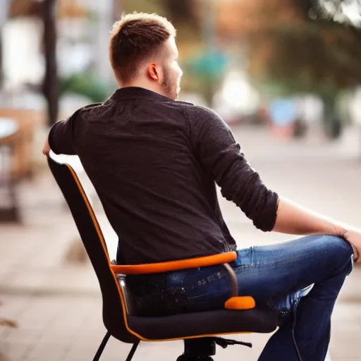 Image similar to full body photo of young man sitting on chair, perfect face, fine details, bokeh