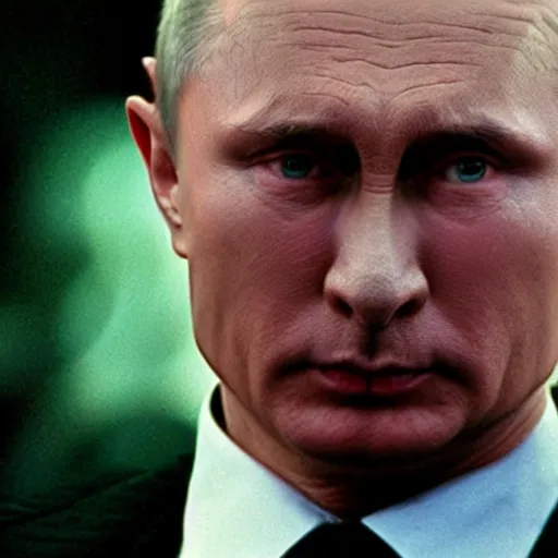 Image similar to Vladimir Putin as a villain in the Power Rangers movie from 1995, fighting, close-up, still