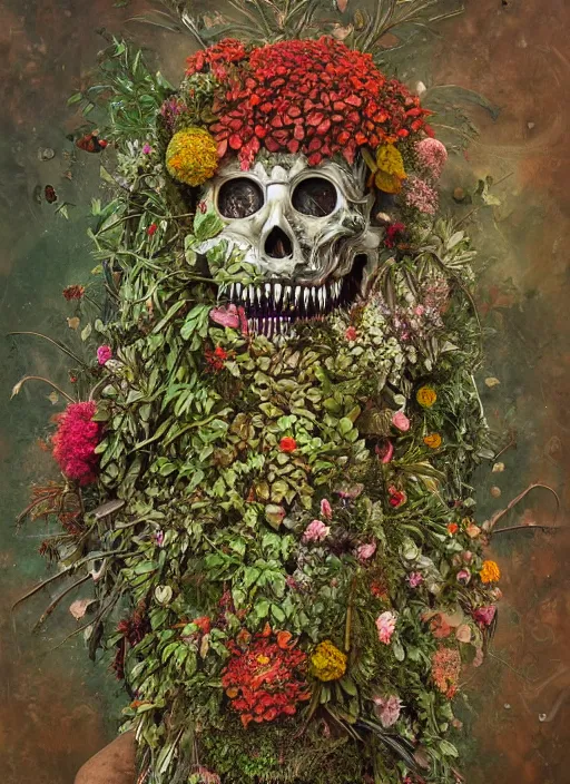 Image similar to a hyper detailed fine painting of a monster made of woods herbs flowers and plants, horror surrealism
