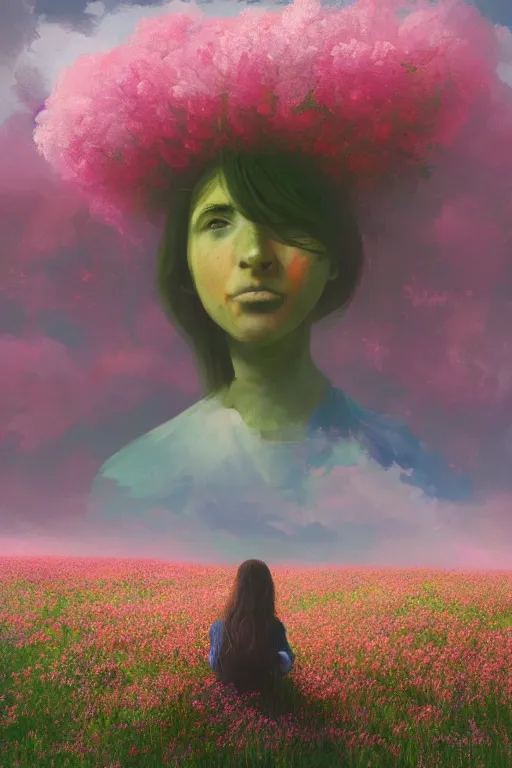 Image similar to closeup, huge flowers as head, woman sitting in heather field, surreal photography, starlight, storm clouds, impressionist painting, digital painting, artstation, simon stalenhag