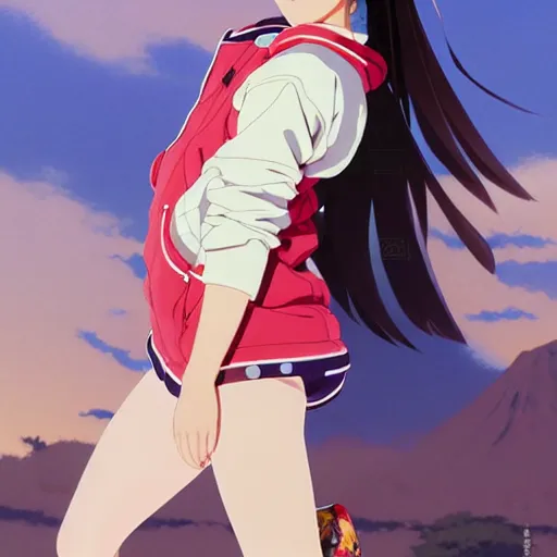 Image similar to a beautiful japanese natalie portman gravure model, wearing oversized native designer bomber jacket and leotard with overalls, bulky poofy bomber jacket with mesoamerican patterns, mesoamerican native street fashion, gapmoe yandere grimdark, trending on pixiv fanbox, painted by greg rutkowski makoto shinkai takashi takeuchi studio ghibli, akihiko yoshida