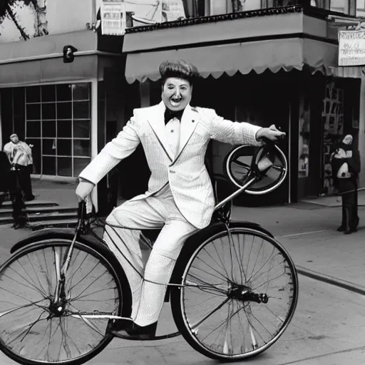 Prompt: a photo of liberace on a unicycle, san francisco