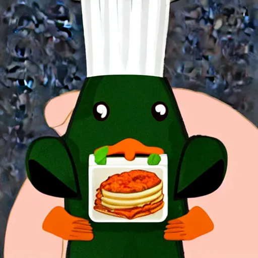 Image similar to cute platypus wearing a chef hat while holding a lasagna with three basil leaves over the lasagna