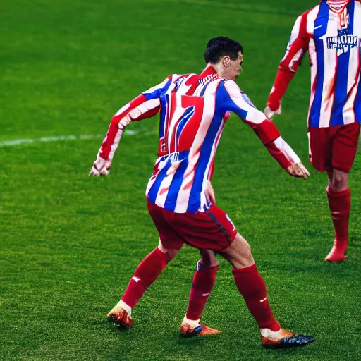 Prompt: cristiano ronaldo celebrating a goal dressed with the atletico de madrid football team shirt, 4 k extremely photorealistic, hyper detailed, sports illustrated