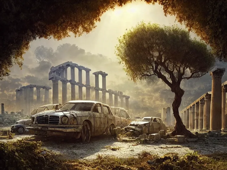 Prompt: a tree growing on a scrap car in ancient greek ruins, gray wasteland, many scrap cars, overgrown, pillars and arches, vines, hyperrealistic, highly detailed, cinematic, ray of golden sunlight, beautiful, cgsociety, artstation, 8 k, oil painting by greg rutkowski, by artgerm, by wlop