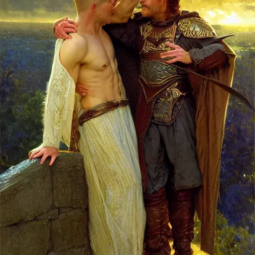 Image similar to arthur pendragon in love with male merlin the mage. they are in love. highly detailed painting by gaston bussiere, craig mullins, j. c. leyendecker