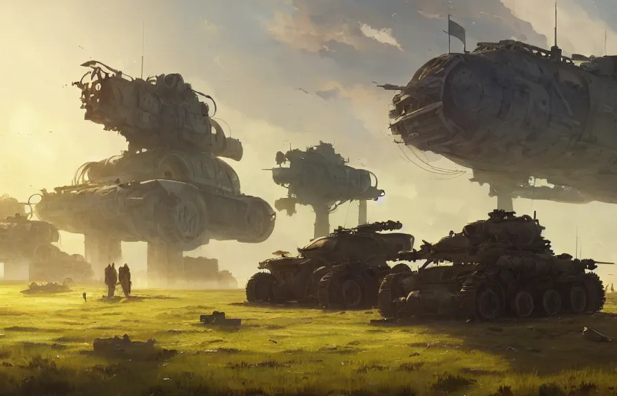 Image similar to concept art of an open field with ruined dieselpunk orcish tanks in the background, key visual, ambient lighting, highly detailed, digital painting, artstation, concept art, sharp focus, by makoto shinkai and akihiko yoshida and hidari and wlop