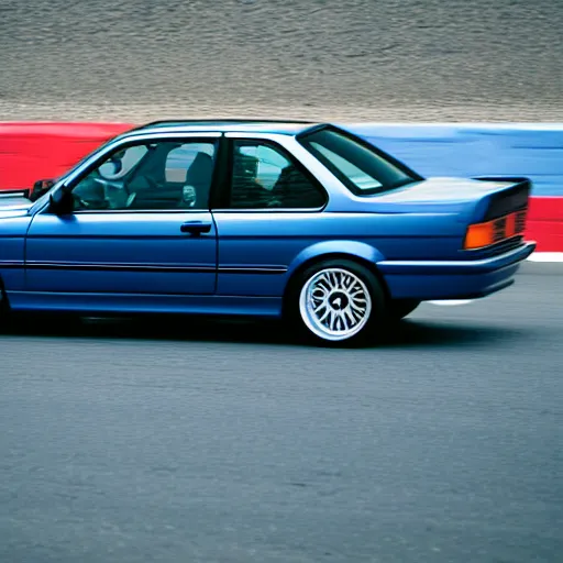 Image similar to a rolling shot of a modified bmw e 3 0 with lights on, on a street race track, motion blur, 3 0 0 mm photography, car photography, clean lines, realistic