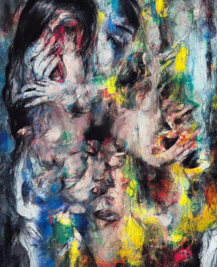 Prompt: photo of a cyborg woman and a child crying in a fridge painted by Adrian Ghenie and Willem de Kooning and Cy Twombly, highly detailed, high resolution, pixelated, datamoshed, pixel sorted, corrupted image