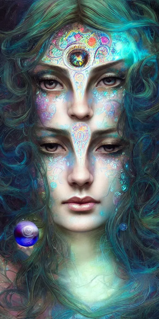 Prompt: fullview front face portrait of an ethereal gypsy woman with detailed eyes, glowing face, crystal ball, half moon, photorealistic, colorful dress, in the style of ruan jia, karol bak, holographic undertones, art nouveau moon phases stained glass forest background, intricate, smooth, sharp focus, dramatic lighting, illustration, hdr, art by artgerm