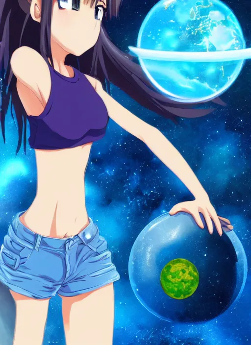 Image similar to an anime in outer space holding a small blue earth in her hand, wearing jean shorts and tank top, no other planets, digital art, anime