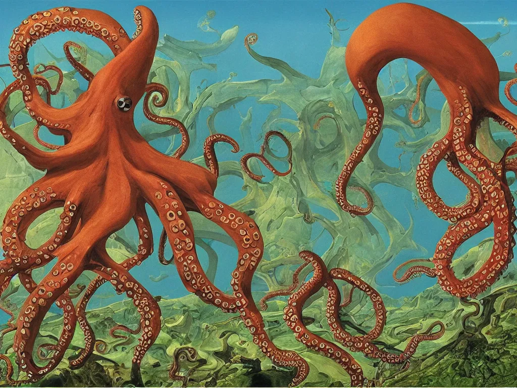 Prompt: The world as seen by an octopus. Painting by Roger Dean, Bosch.