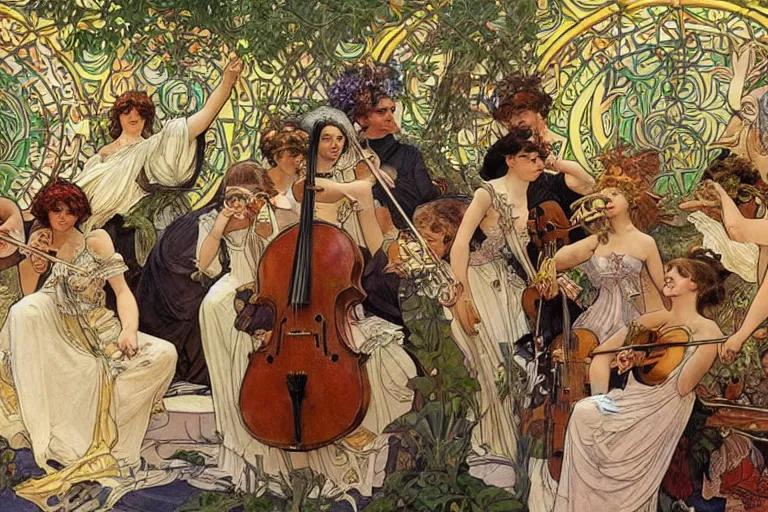 Prompt: a painting of an orchestra, outdoor, art by Walter Crane and Alphonse Mucha, epic fantasty card game art, Beautiful, cinematic