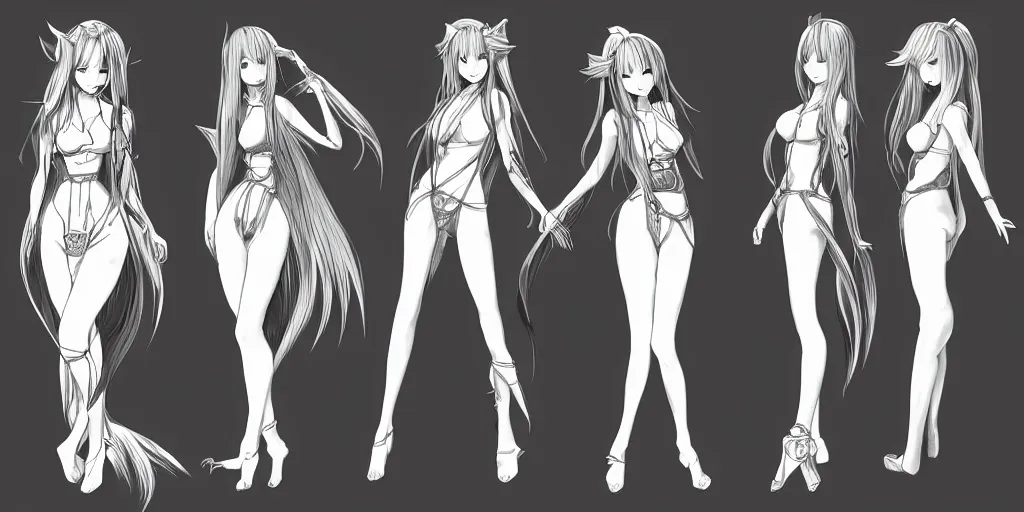 Image similar to anime woman, long hair, fantasy theme, front side/back/view character sheet, three views, lineart, varying thickness, manga pen, traditional art, Indian ink, in the style of Final Fantasy IX, 3D modeling concept sheet, white background, orthographic view