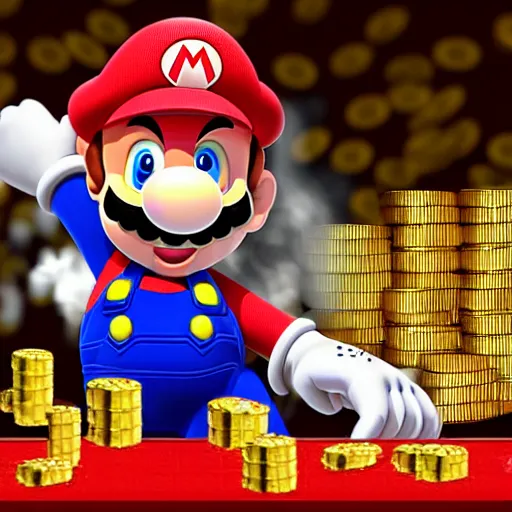 Image similar to mario at the casino, gold coins, smoke, photo