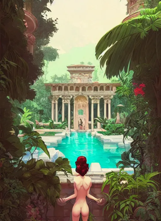 Prompt: lush palace garden with pools leading to of a roman palace, glorious, epic scene, beautiful, in the style of artgerm, gerald brom, atey ghailan and mike mignola, vibrant colors and hard shadows and strong rim light, plain background, comic cover art, trending on artstation