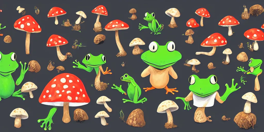 Prompt: game asset of unique frog wearing mushroom hat on black background, organic, in gouache detailed paintings, props, stylized, 2 d sprites, kitbash, 8 k, close up