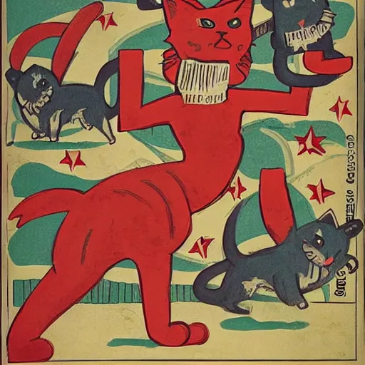 Image similar to riot of communist cats drawn as communist propaganda