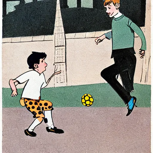 Image similar to book illustration of a french boy on the streets of paris playing football against a corgi, the dog is wearing a polka dot scarf, 1 9 6 6