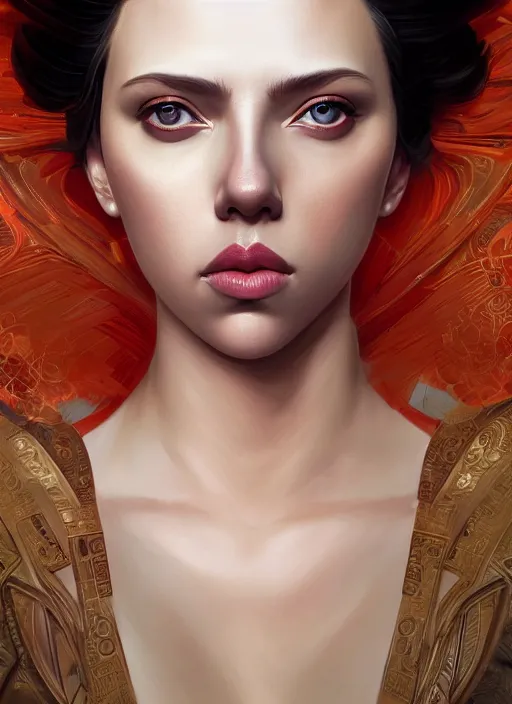 Image similar to symmetry!! scarlett johansson, geisha, machine parts embedded into face, intricate, elegant, highly detailed, digital painting, artstation, concept art, smooth, sharp focus, illustration, art by artgerm and greg rutkowski and alphonse mucha, 8 k