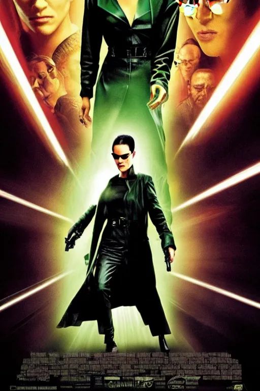 Prompt: a movie poster portrait taken from the matrix movie featuring ( rosario dawson ) with long black braids, wearing futuristic sun glasses and black leather trench coat, holding a futuristic gun, green matrix computer code and light beams flash in the background, extremely detailed, extremely symmetrical facial features, by kevin fiege 8 k