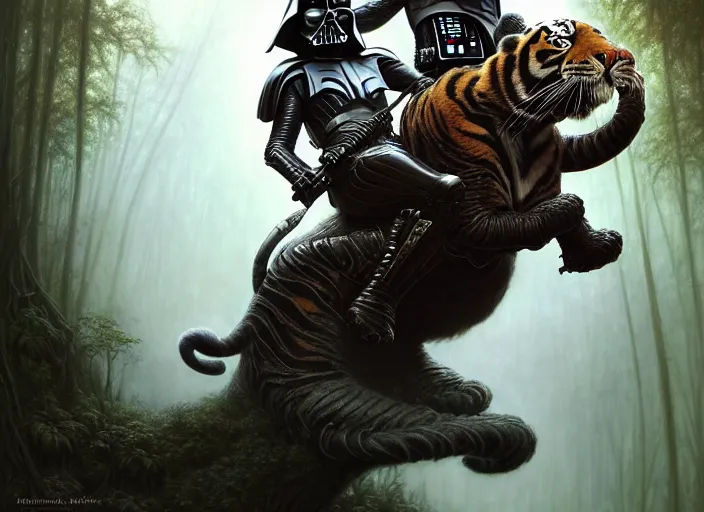 Image similar to romantic portrait shot of darth vader riding a tiger through the jungle intricate, elegant, highly detailed, centered, digital painting, artstation, concept art, smooth, sharp focus, illustration, artgerm, tomasz alen kopera, peter mohrbacher, donato giancola, joseph christian leyendecker, wlop, boris vallejo