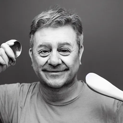 Image similar to a man with a comically large spoon