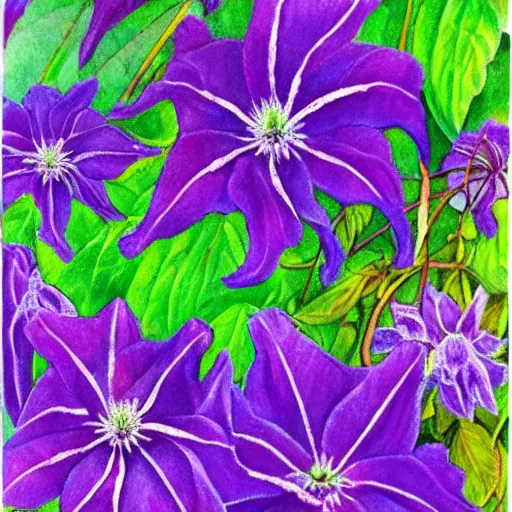 Prompt: botanical illustration purple clematis purple salvia, beach background, style of gauguin