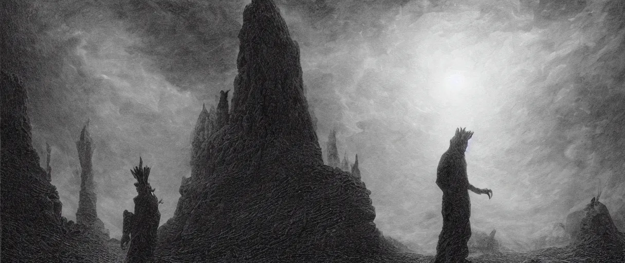 Prompt: an engraving portrait of nyarlathotep, lovecraftian atmosphere, caspar david friedrich, foggy, depth, strong shadows, stormclouds, illuminated focal point, highly detailed