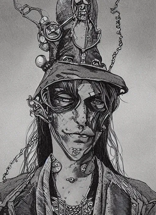 Prompt: high fantasy steampunk cultist portrait by moebius