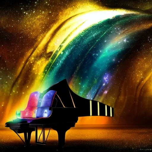 Prompt: a piano with an open wing, a galaxy inside the wing, cinematic, bright, in the style of charlie bowater