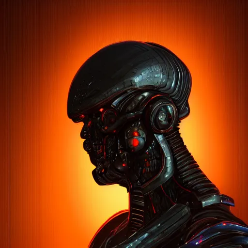 Prompt: painterly render of a military - grade, industrial, portrait of glowing, warm, sharp edges, sleek contours, textured, reddish, atmospheric, misty, leds, futuristic cybernetic warrior alien in profile, highly intricate, detailed humanoid in a volumetric lighting warehouse, trending on artstation