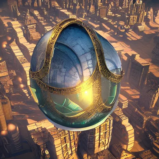 Image similar to enormous flying city in a faberge egg, sky, steampunk, fantasy art, unreal engine, aerial view