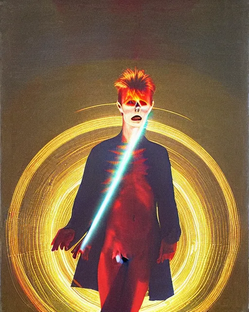 Image similar to david bowie as a ziggy stardust levitating and surrounded by transcendental light by jean auguste dominique ingres, luminous orbs, labyrinthine, sacred, mystical