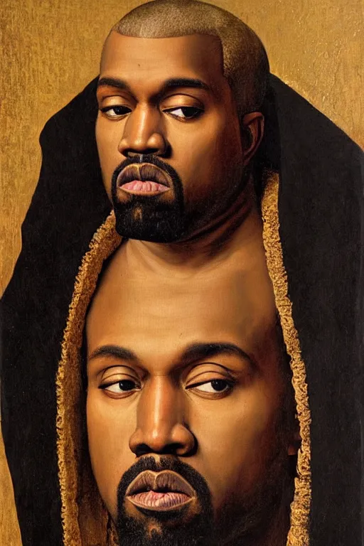 Prompt: renaissance 1 6 0 0 portrait of kanye west, oil painting by jan van eyck, northern renaissance art, oil on canvas, wet - on - wet technique, realistic, expressive emotions, intricate textures, illusionistic detail