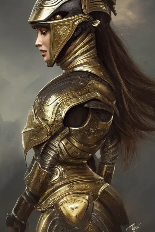Image similar to a portrait of an attractive young female, ornate metallic helmet, clothed in battle armor, olive skin, long dark hair, beautiful bone structure, symmetrical facial features, intricate, elegant, highly detailed, digital painting, trending on Artstation, concept art, smooth, sharp focus, illustration, in the style of greg rutkowski