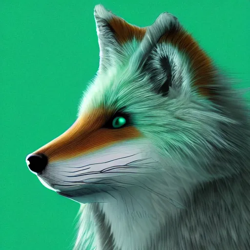 Prompt: digital silver fox turned green, retrowave palette, digital world, highly detailed, electric breeze, anatomically correct vulpine, synth feel, fluffy face, ear floof, flowing fur, super realism, accurate animal imagery, 4 k digital art