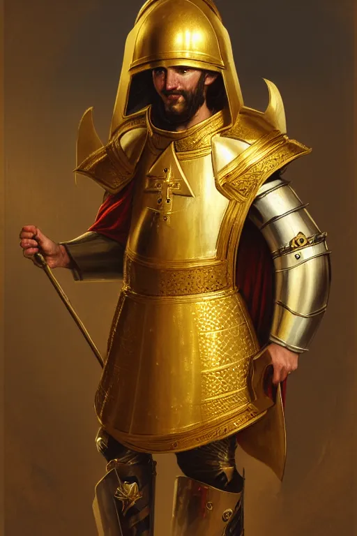 Prompt: man looking forward in decorated with gold baroque style christian crusader armor, cylindrical helmet with golden cross on front and white cape covering half of his body standing at the gates of jerusalem drawn by greg rutkowski realistic high detail